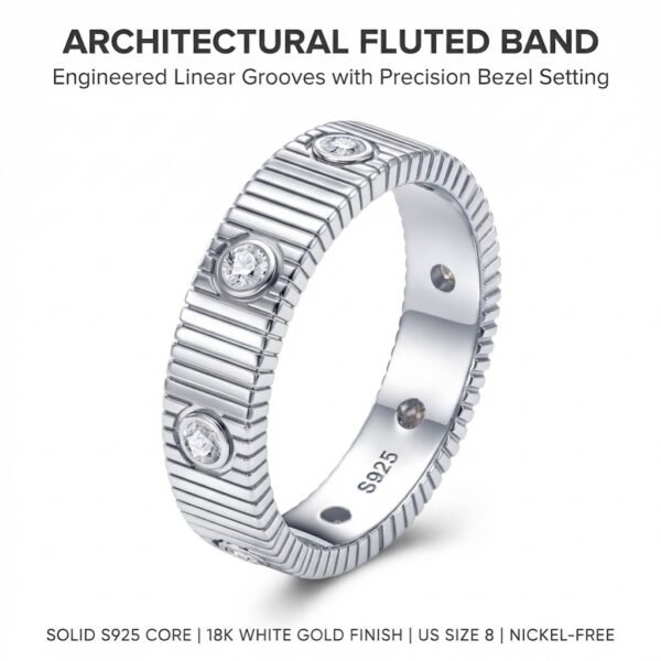Size 8 - S925 Sterling Silver Fluted Ribbed Band Ring with Bezel Stones