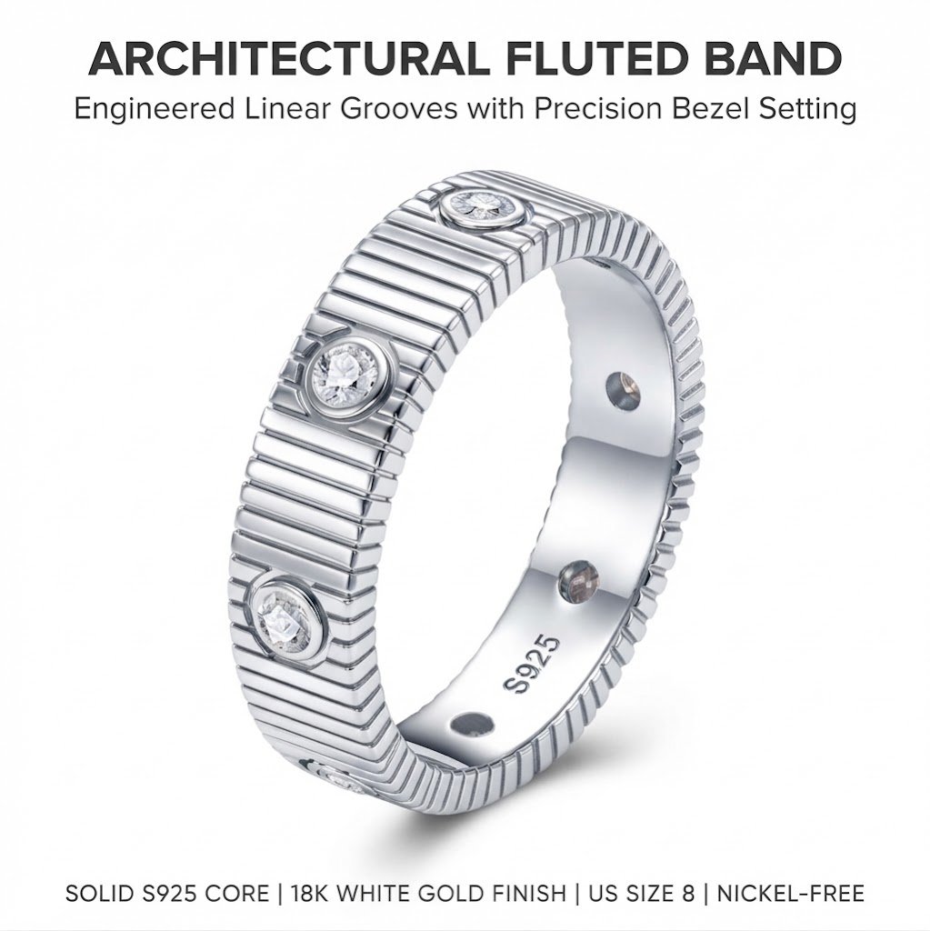 Size 8 - S925 Sterling Silver Fluted Ribbed Band Ring with Bezel Stones