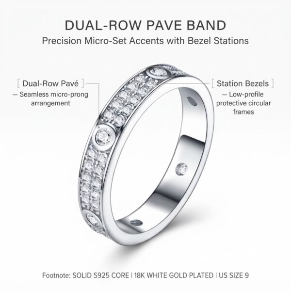 Size 9 - Dual-Row Pavé Band Ring with Bezel Station Accents - White Gold Finish