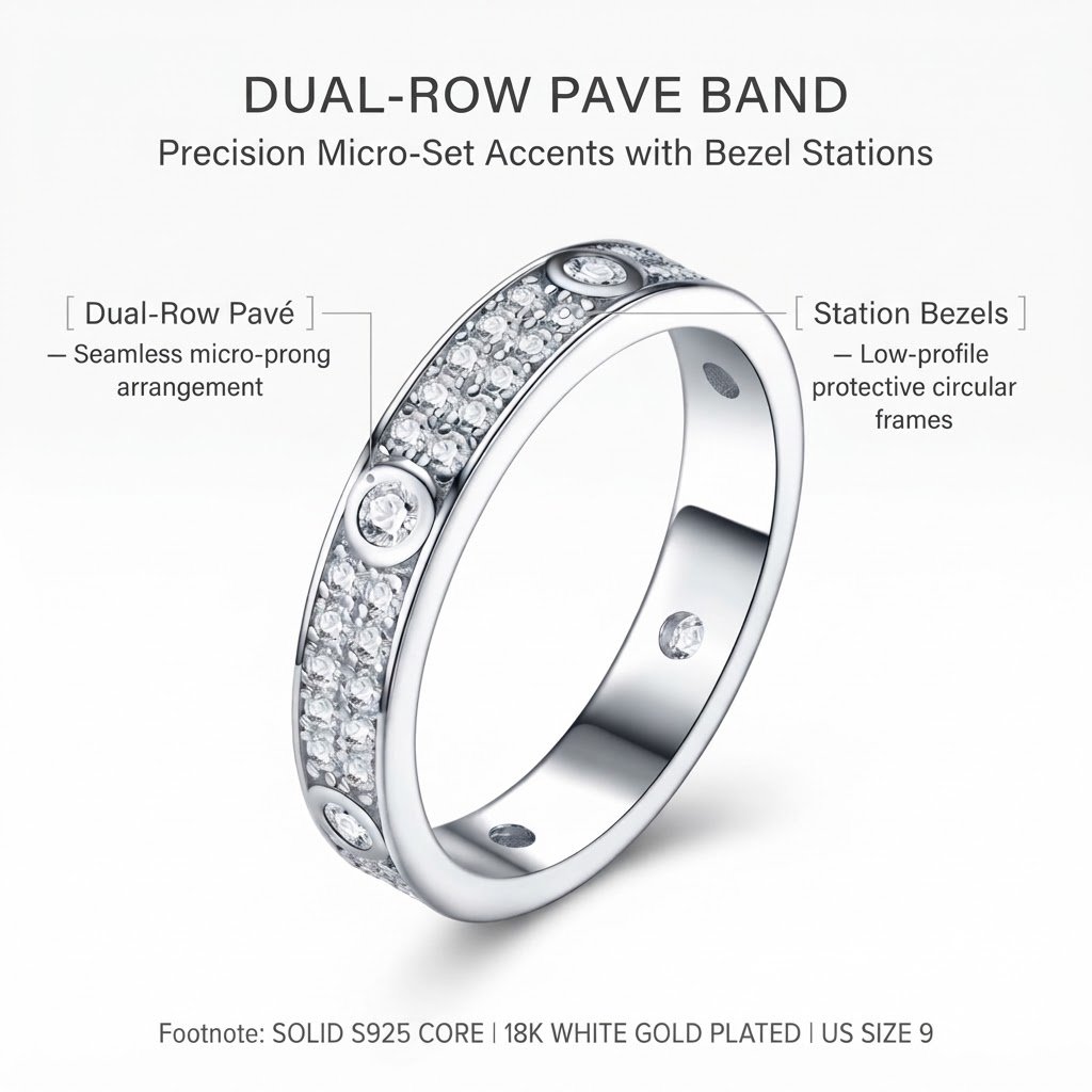Size 9 - Dual-Row Pavé Band Ring with Bezel Station Accents - White Gold Finish