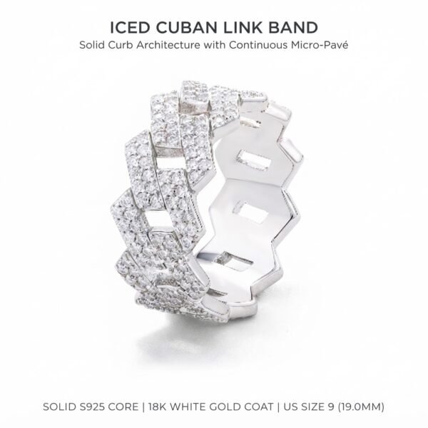 Size 9 - Iced Out Straight-Edge Prong Cuban Link Band Ring - White Gold Plated