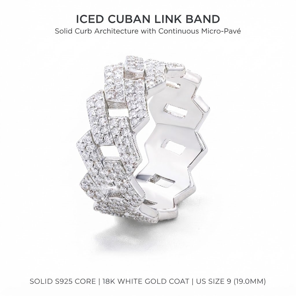 Size 9 - Iced Out Straight-Edge Prong Cuban Link Band Ring - White Gold Plated