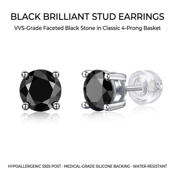 Classic Round Black Solitaire Stud Earrings - 4-Prong Setting