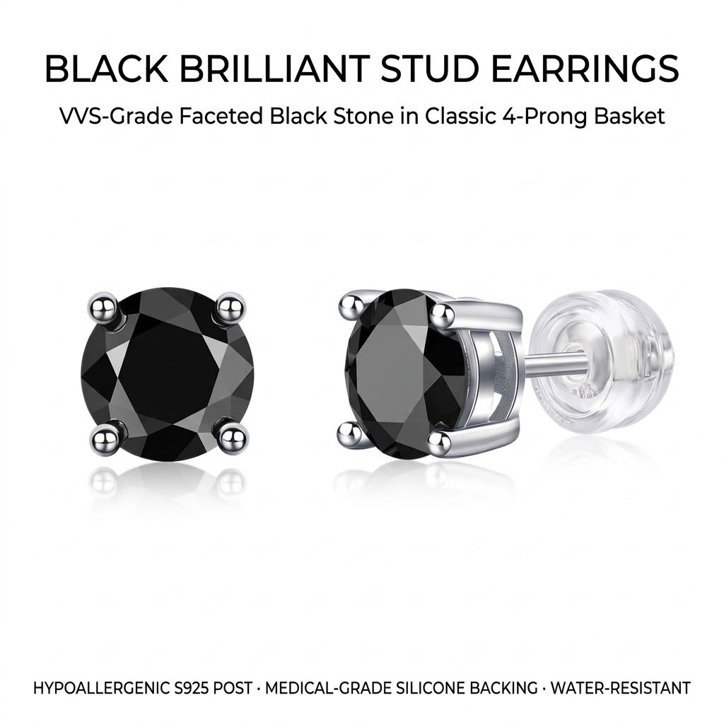 Classic Round Black Solitaire Stud Earrings - 4-Prong Setting