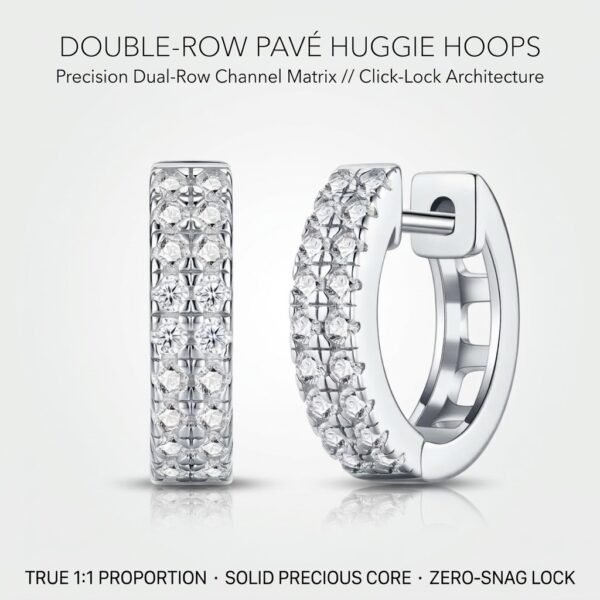 S925 Sterling Silver Double-Row Pavé Huggie Hoop Earrings - White Gold Finish