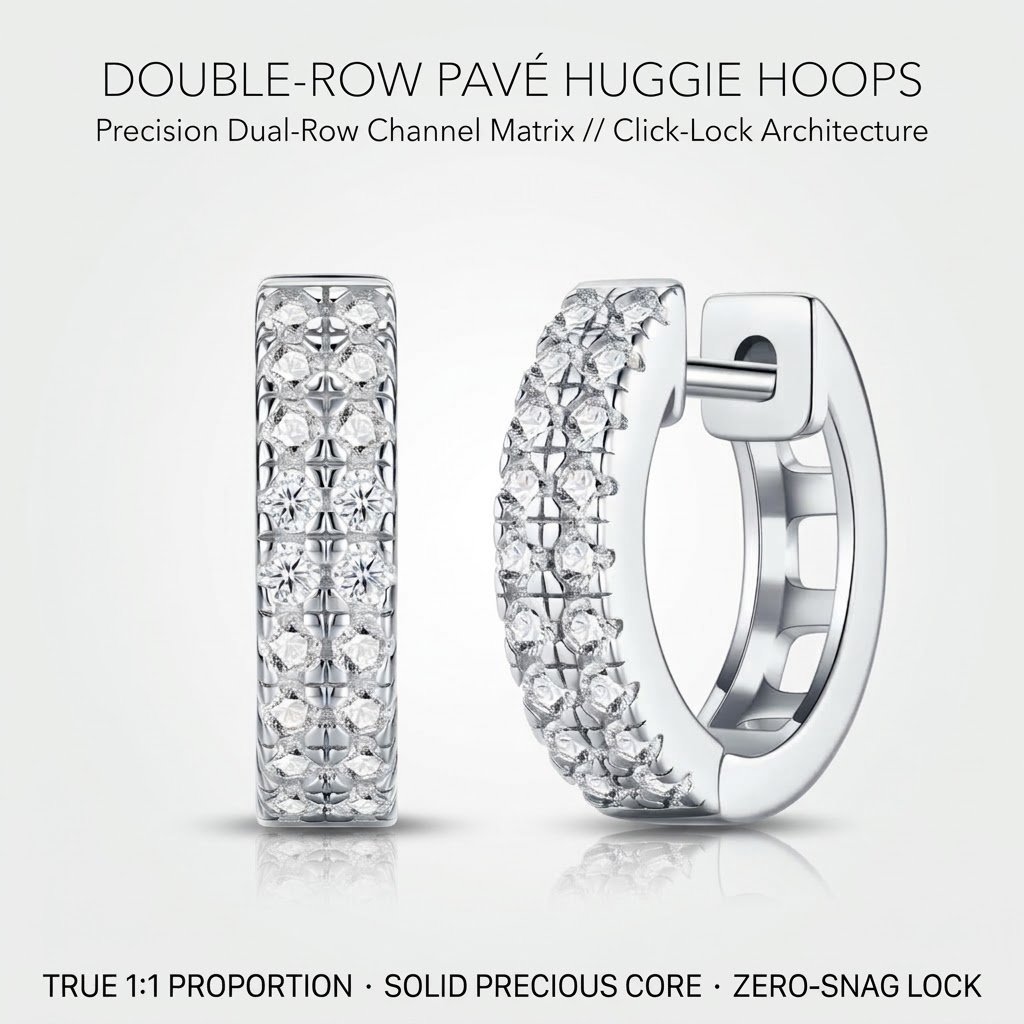 S925 Sterling Silver Double-Row Pavé Huggie Hoop Earrings - White Gold Finish