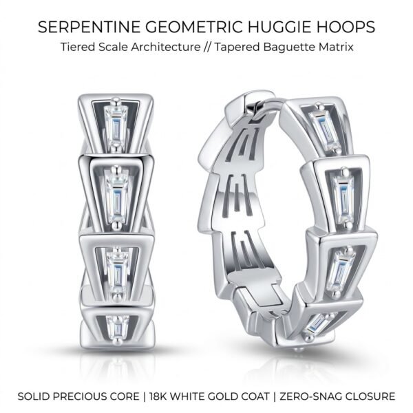 Geometric Serpent Scale Baguette Huggie Hoop Earrings - White Gold Plated