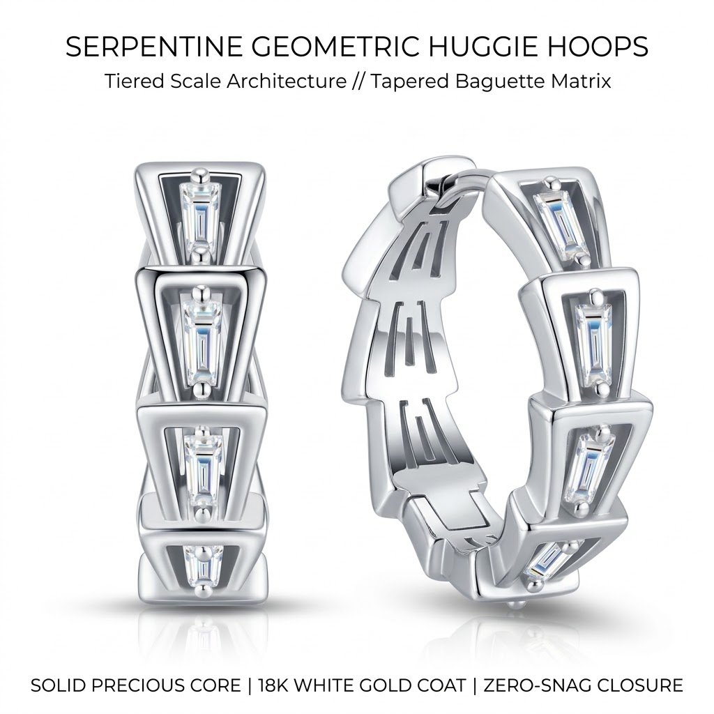 Geometric Serpent Scale Baguette Huggie Hoop Earrings - White Gold Plated