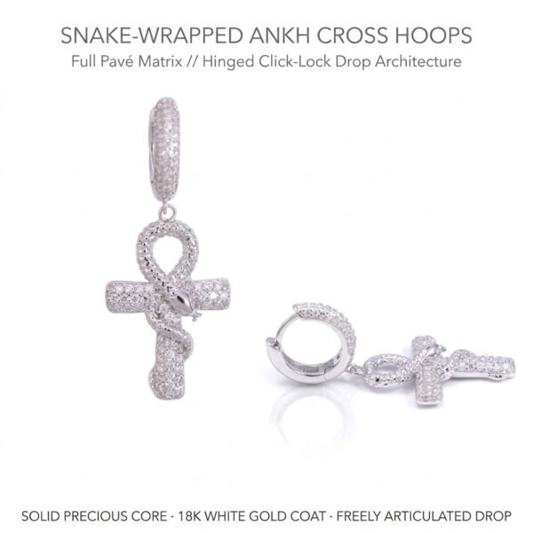 Iced Out Serpent Ankh Cross Dangle Huggie Hoop Earrings - White Gold Plated