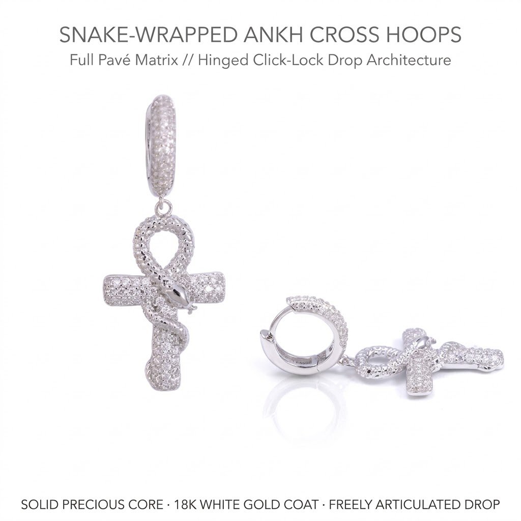 Iced Out Serpent Ankh Cross Dangle Huggie Hoop Earrings - White Gold Plated