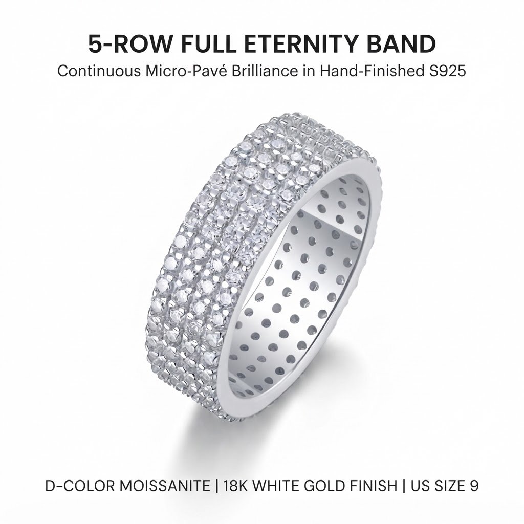 Size 9 - 4-Row Micro-Pavé Eternity Band Ring - White Gold Plated
