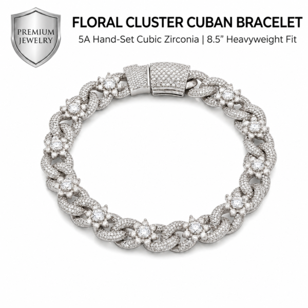 21.5cm Iced Out Flower Cluster Cuban Link Bracelet - White Gold Plated