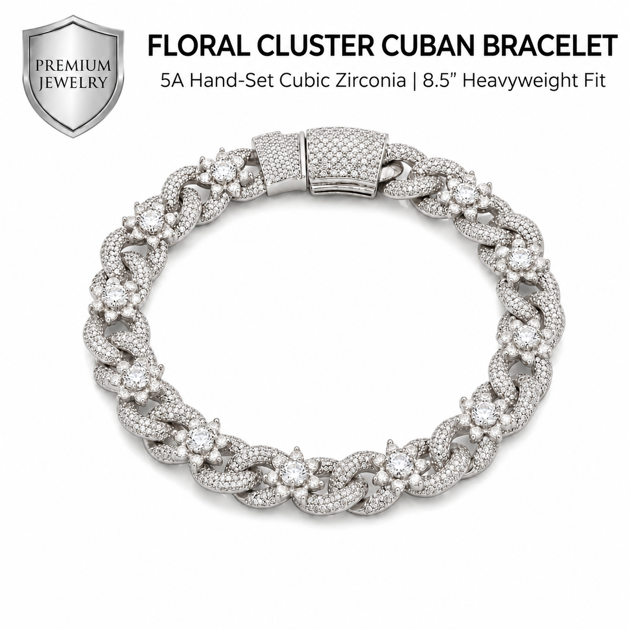 21.5cm Iced Out Flower Cluster Cuban Link Bracelet - White Gold Plated