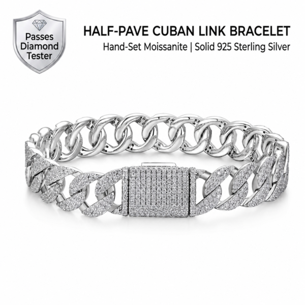 19cm Half-Iced Moissanite Cuban Link Bracelet - White Gold Finish
