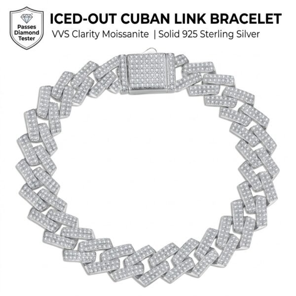 20cm Straight-Edge Prong Moissanite Cuban Bracelet - White Gold Plated