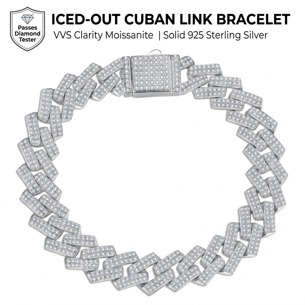 20cm Straight-Edge Prong Moissanite Cuban Bracelet - White Gold Plated