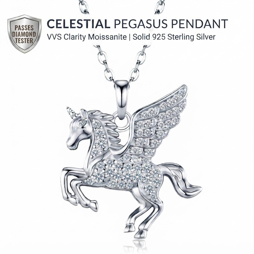 Winged Pegasus Unicorn Pendant Necklace - White Gold Plated