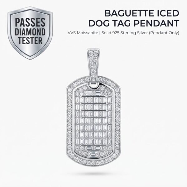 Baguette Moissanite Dog Tag Pendant (Pendant Only, No Chain) - Silver