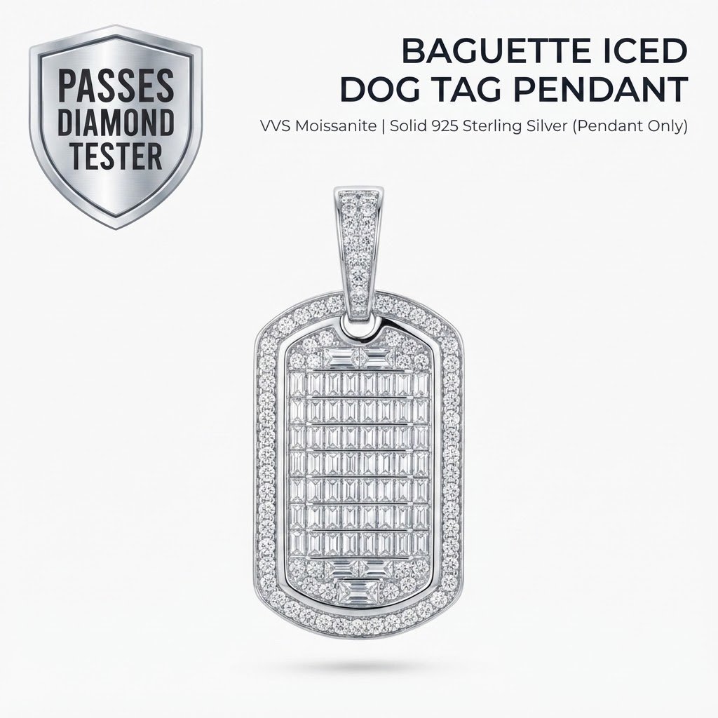Baguette Moissanite Dog Tag Pendant (Pendant Only, No Chain) - Silver