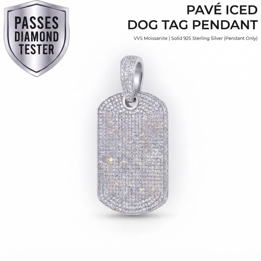 Pavé Moissanite Dog Tag Pendant (Pendant Only, No Chain) - 37mm x 15mm