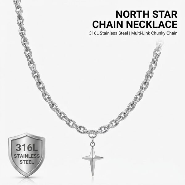 Stainless Steel North Star Cross Pendant Necklace - Waterproof Streetwear Chain
