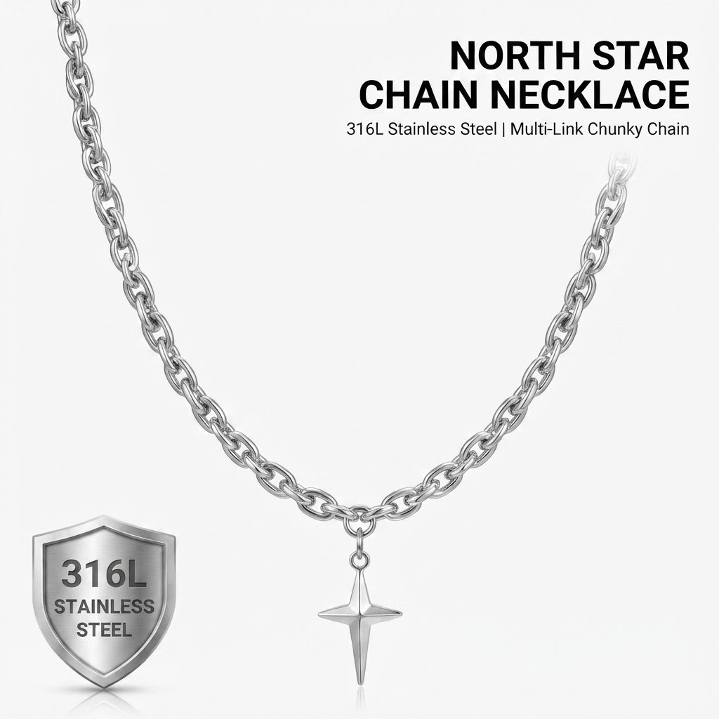 Stainless Steel North Star Cross Pendant Necklace - Waterproof Streetwear Chain