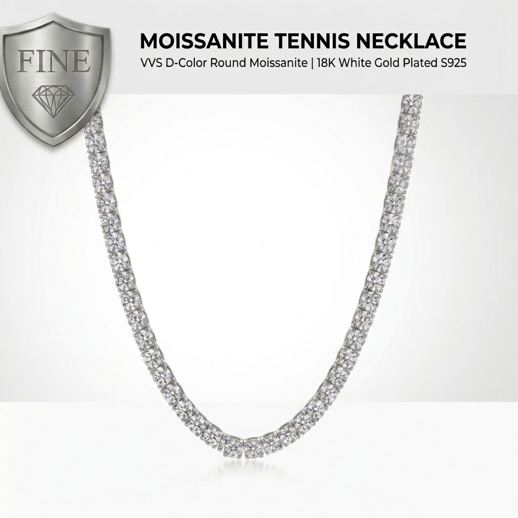 Classic Round Cut Crystal Tennis Chain Necklace - 18K White Gold Plated